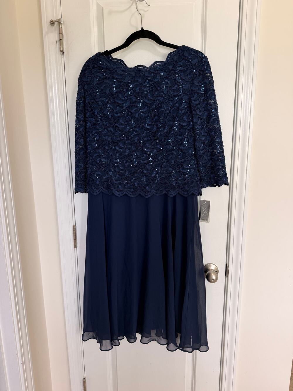 Alex Evenings 14P Petite Navy Sequin Lace Chiffon Midi Dress NWT 2121796